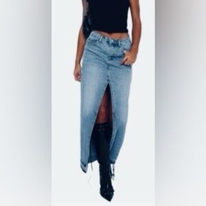 NWT Black Denim 3/25 Long Maxi Skirt Happily Grey Off Center Button Raw Hem BOHO